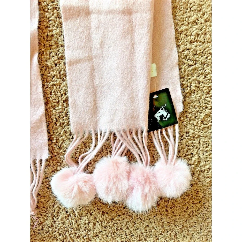 Unbranded Pink Wool/Cashmere/Fur Fringe Pom Scarf Wrap Accessory‎ NEW NWT FLAWED - Picture 5 of 10